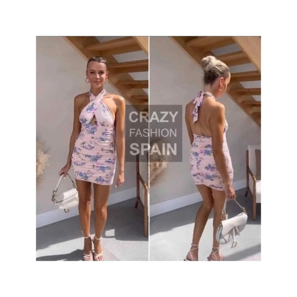 ZARA Light Pink Floral Halter Neck Open Back Ruched Bodycon Mini Dress Medium - Picture 9 of 14